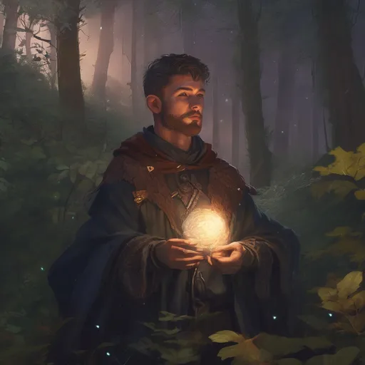 Prompt: (Full body) male stocky young magical druid with short-cut hair and beard, casting a magical spell, in nature in the dark, cloak, pathfinder, d&d setting, in a realistic digital art style