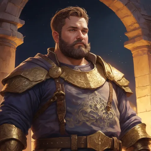 Prompt: Male stocky large mature fat paladin with short-cut hair and beard, open shirt, outside of a small fantasy temple in at night, pathfinder, d&d setting, in a realistic high quality digital art style, enhanced shadow quality, colorful