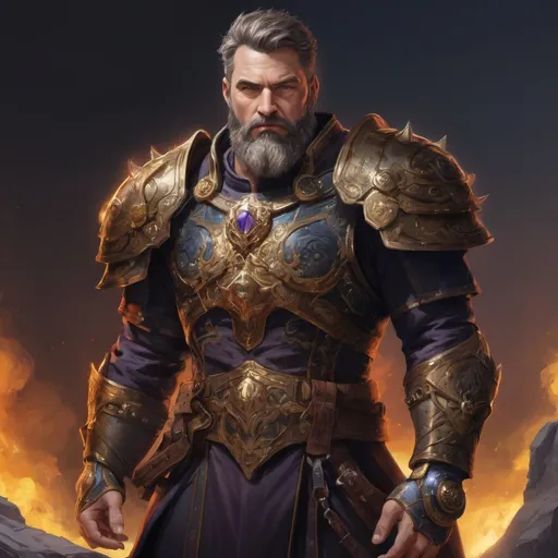 Prompt: (Torso) Male stocky large mature holy-paladin with short-cut hair and beard, exploring a dark magic dimention, surrounded by bright magic, pathfinder, d&d setting, in a realistic high quality digital art style, enhanced shadow quality, colorful