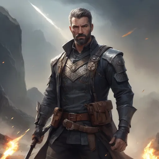 Prompt: (torso) Male heavy-set mature fit magical investigator with short-cut hair and beard, holding fantasy-weapon, in movement, in a windy battlefield, pathfinder, d&d setting, enhanced shadow quality