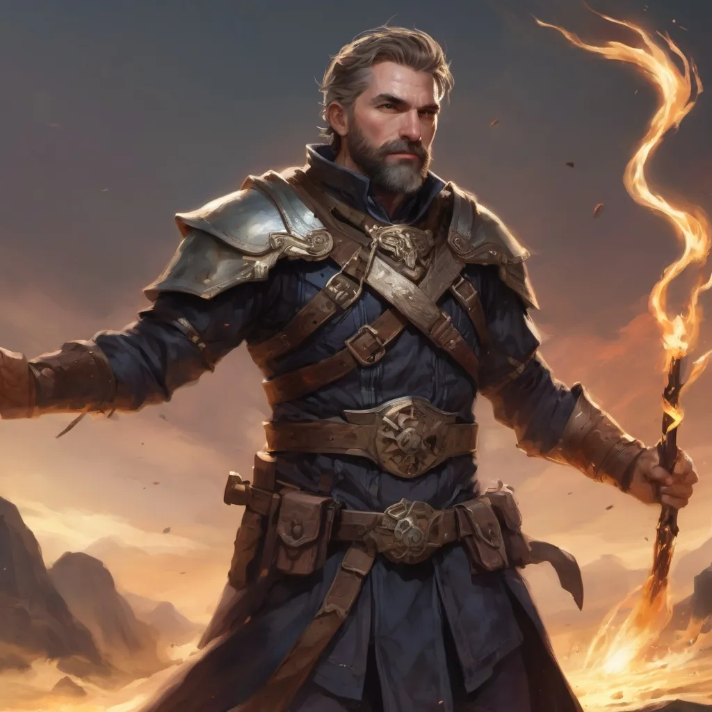 Prompt: Male heavy-set mature fit arcanist with short-cut hair and beard, in a windy battlefield, pathfinder, d&d setting, enhanced shadow quality