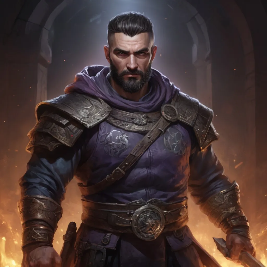 Prompt: Male stocky large mature albanian fighter with short-cut hair and beard, exploring a dark astral magical dungeon in combat, pathfinder, d&d setting, in a realistic high quality digital art style, enhanced shadow quality, colorful