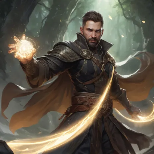 Prompt: (torso) Male stocky large fit 37-year old eidolon-summoner with short-cut hair and beard, casting a magic-ray out of hands in a windy path, pathfinder, d&d setting, in a realistic high quality digital art style, enhanced shadow quality, colorful