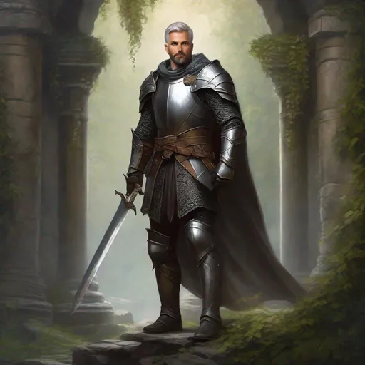 Prompt: (Full body) a great knight with short beard grey short-cut hair, belt, boots, leather pants, holding a sword, standing in a dark overgrown temple ruin, fantasy setting, dungeons & dragons, in a painted style realistic art