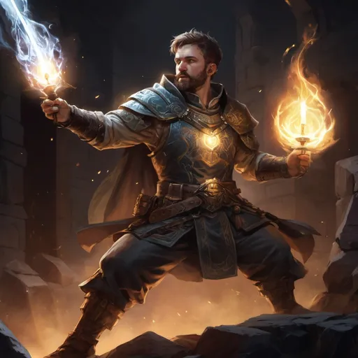 Prompt: Male stocky large cleric with short-cut hair and beard, engaged in combat casting a holy light spell inside of a dark dungeon, pathfinder, d&d setting, in a realistic high quality digital art style, enhanced shadow quality, colorful