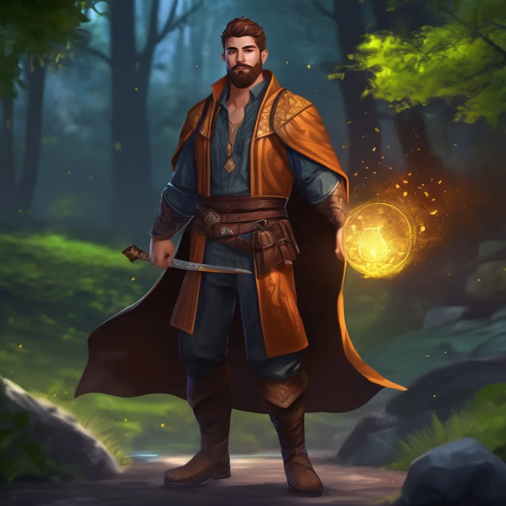 Prompt: (Full body) male stocky magical nature-mage with short hair and beard, open shirt, in dark lit nature background, pathfinder, d&d setting, in a realistic digital art style