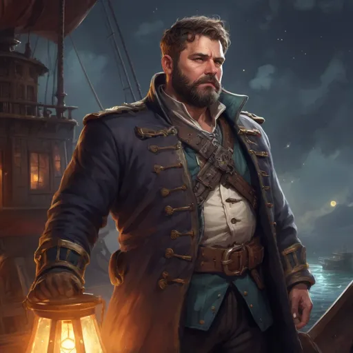 Prompt: male stocky heavy-built large fat pirate captain with short hair and beard, wearing magic coat, on a ship by land at night, pathfinder, d&d setting, in a realistic high quality digital art style