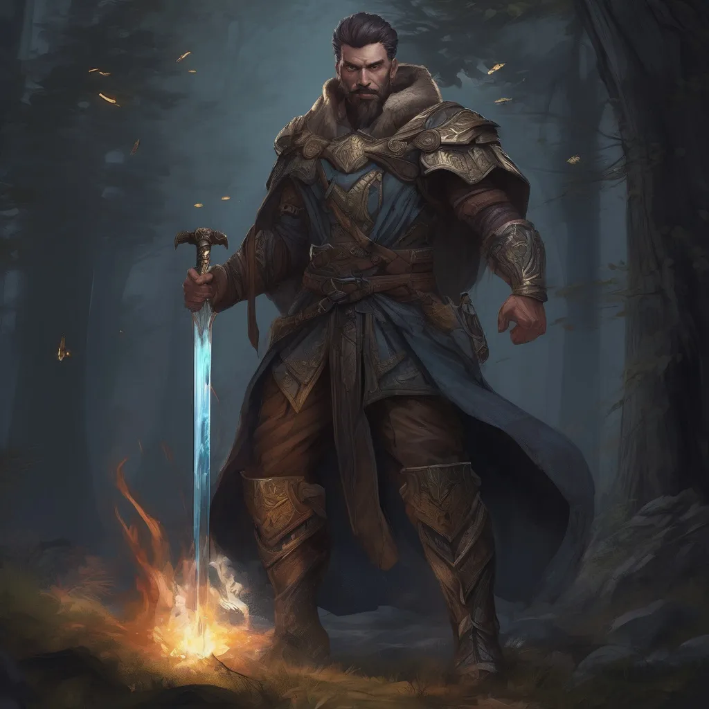 Prompt: (Full body) male large muscular battle mage with short-cut hair and beard, in nature in the dark, cloak, pathfinder, d&d setting, in a realistic digital art style