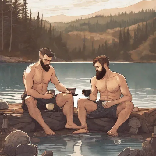 Prompt: Beautiful picture of two handsome short-haired bearded men with no shirt in love, no pants on, waking up after a night, looking at eachother lovingly, by a lake, coffee pot by the fire, in a painted style