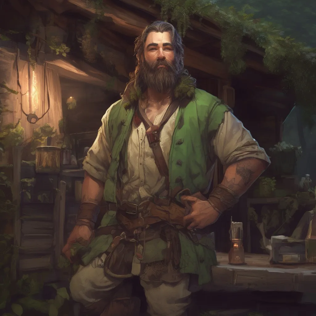 Prompt: (Full body) male large nature druid with short-hair and beard, outside of a tavern in the woods at night, open shirt pathfinder, d&d setting, in a realistic digital art style