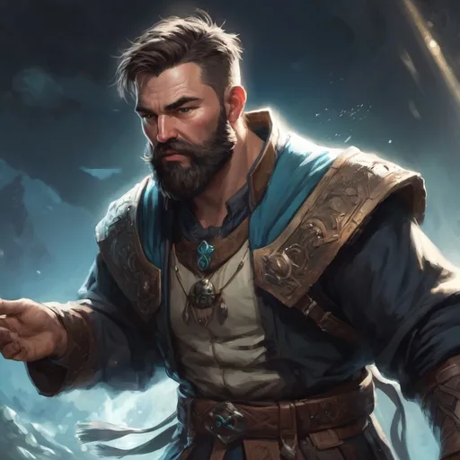 Prompt: (Torso) Male stocky heavy-set large fit cleric with short-cut hair and beard, hairy chest, casting a healing-spell out of hands, in a windy valley at night, pathfinder, d&d setting, enhanced shadow quality, colourful