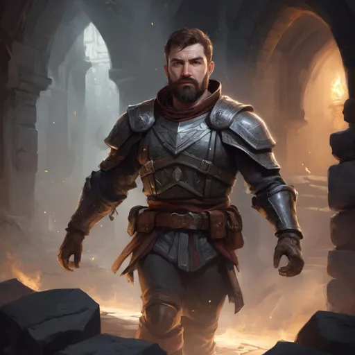 Prompt: Male stocky large mature scottish fighter with short-cut hair and beard, exploring a dark astral magical dungeon in combat, pathfinder, d&d setting, in a realistic high quality digital art style, enhanced shadow quality