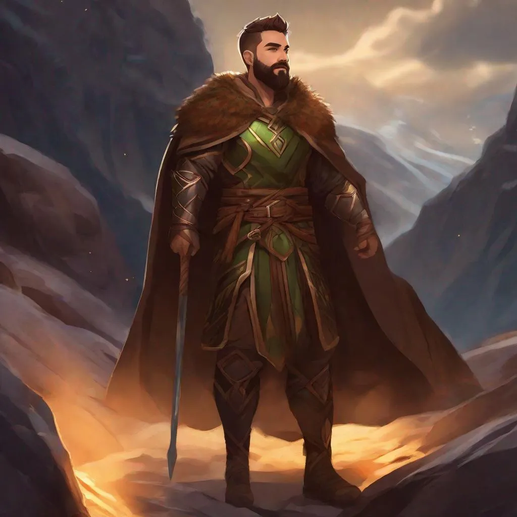 Prompt: (Full body picture) An elemental druid with short-cut hair and short beard, brown nature armor, magic around, cloak, manly, fantasy setting, dungeons and dragons, foot of a mountain at night, in realistic digital art style