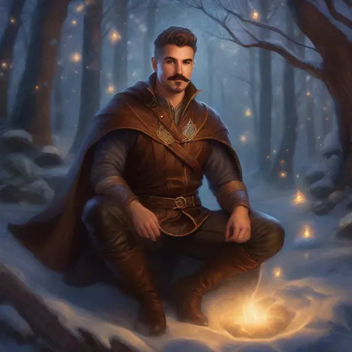 Prompt: (Full body) A male winter mage with short cut hair with a mustache and stubble manly face, pathfinger, magic swirl, leather pants, holding magic , dungeons and dragons, brown boots, fantasy setting, in a forest glade at night, in a painted style realistic art