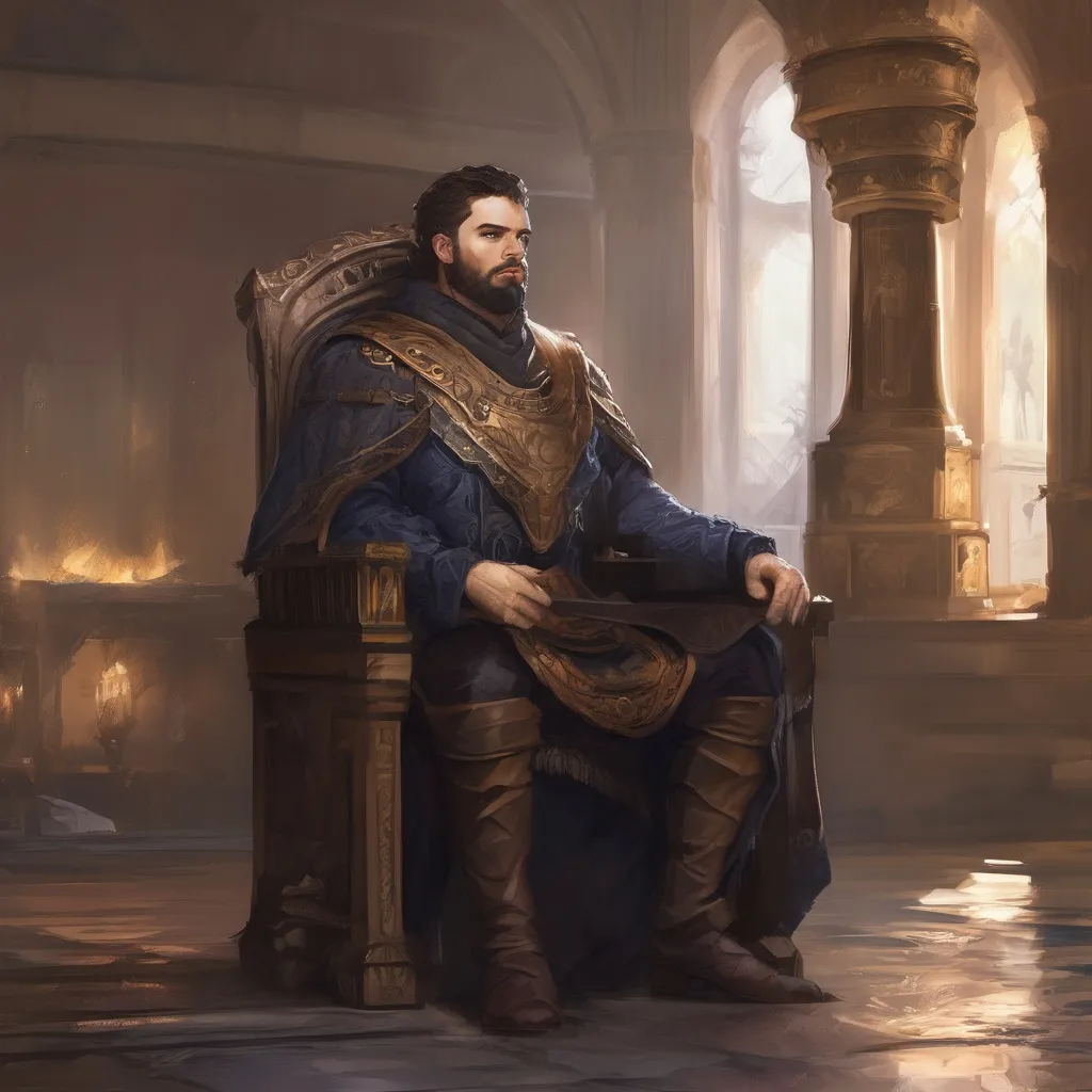 Prompt: (Full body) male stocky young royal noble with short-cut hair and beard, in a dark throne room, pathfinder, d&d setting, in a realistic digital art style