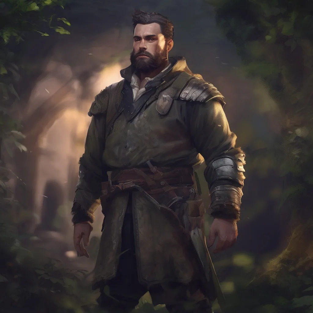 Prompt: (Full body) male manly stocky noble guard with dark short-cut hair and beard, in nature at night, pathfinder, d&d setting, in a realistic digital art style