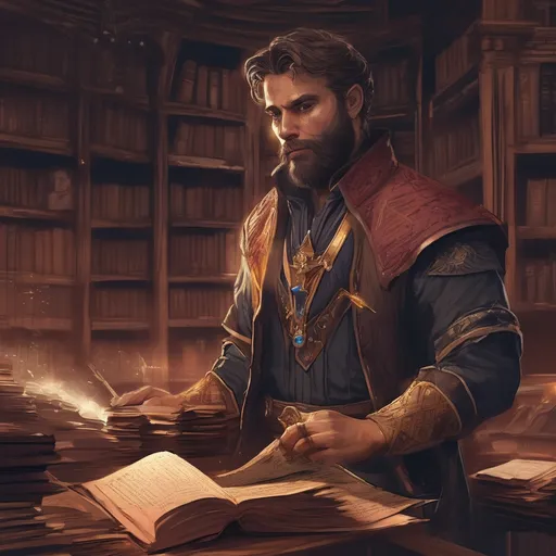 Prompt: (Full body) male stocky big-chested young cleric with striped short hair and beard, hairy chest, casting swirly bright spell, in a dark library, pathfinder, d&d setting, in a realistic high quality digital art style