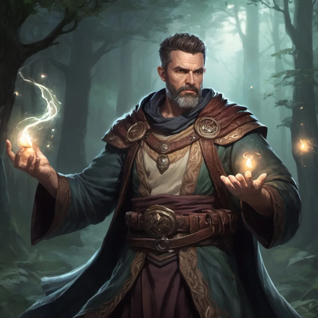 Prompt: Male stocky heavy-set mature druid with short-cut hair and beard, magical glowing robes, casting a spell in combat outside of fantasy forest at night, pathfinder, d&d setting, in a realistic high quality digital art style, enhanced shadow quality