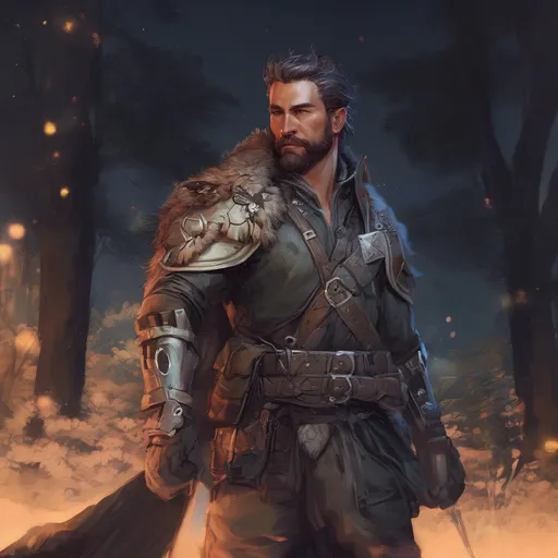 Prompt: (Full body) male stocky martial fighter with hairy chest and short hair and beard, in nature at night, pathfinder, d&d setting, in a realistic digital art style