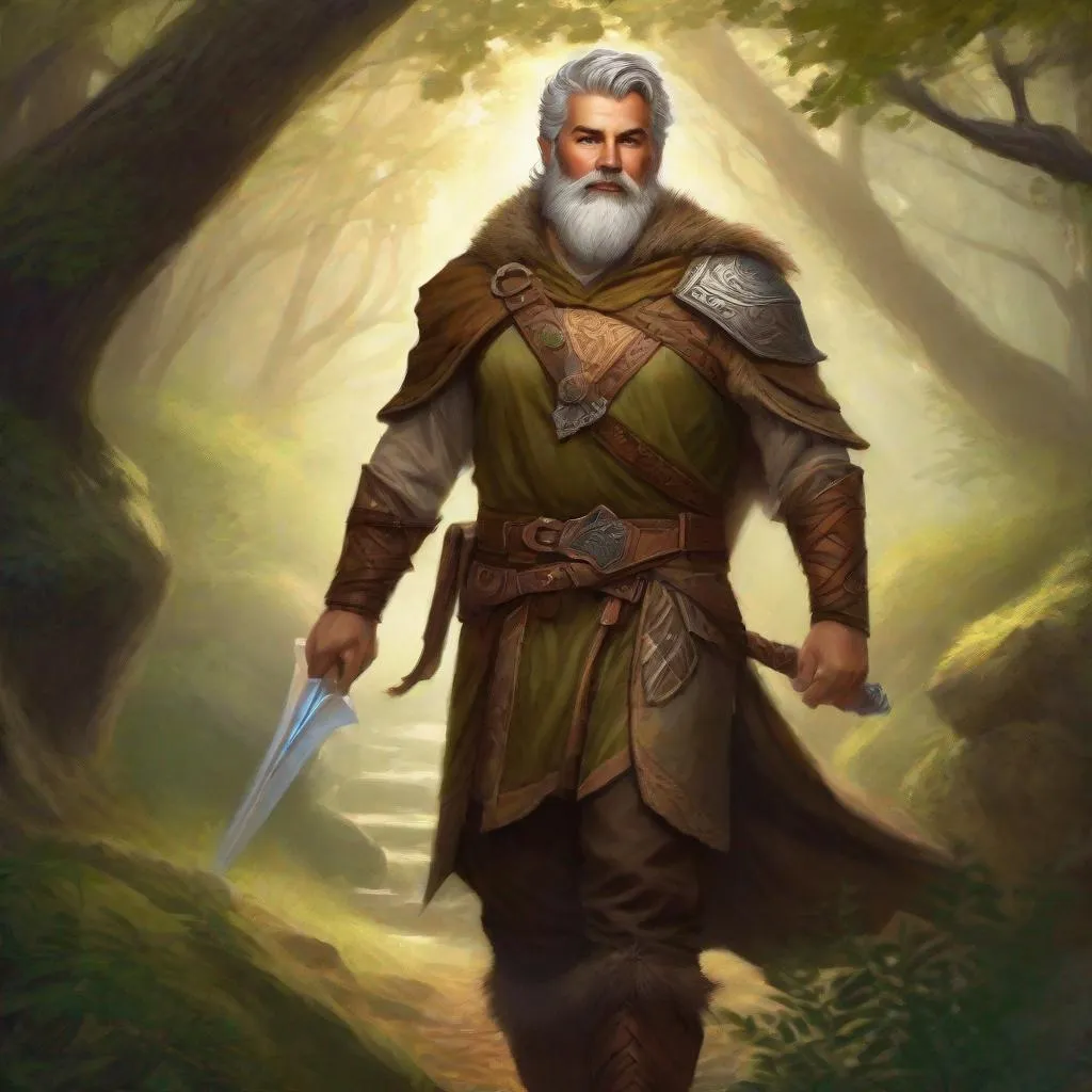 Prompt: (Full body) A male druid hairy bare chest short-cut salt and pepper hair with short-beard manly face, pathfinder, magic swirl, holding weapon, dungeons and dragons, brown boots, fantasy setting, standing in a forest glade at night, in a painted style realistic art