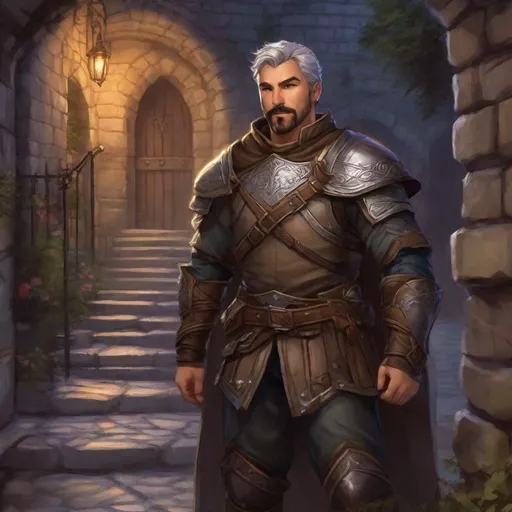Prompt: (Full body) A hairy broad-chested large handsome male rogue with short-cut grey hair a mustache and stubble, pathfinger,  armor, dungeons and dragons, hairy chest, brown boots, fantasy setting, coming out a large towngate late at night, in a painted style realistic art