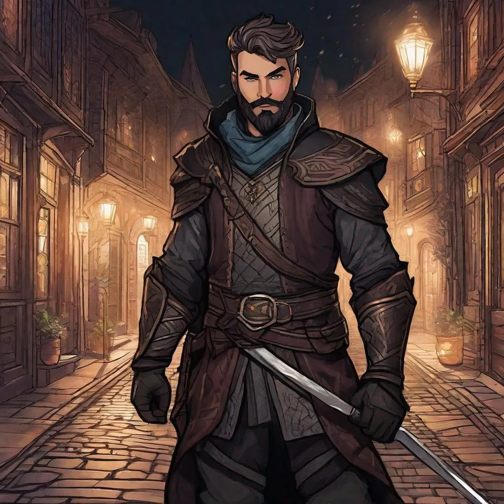 Prompt: (Full body) handsome arcane trickster glowing eyes with short cut hair beard, scar, manly face, dark light armor, pathfinder, dungeons and dragons, in a dark back street, in a painted style, realistic style