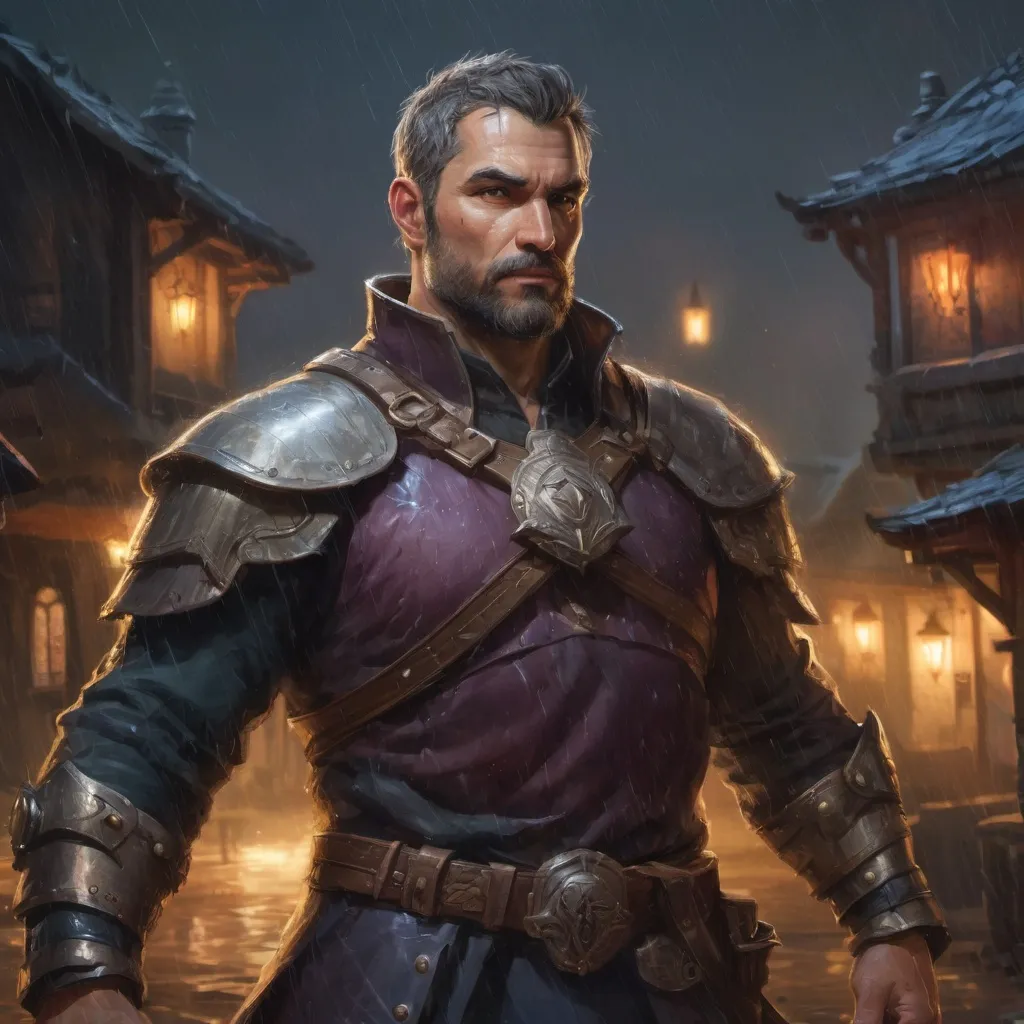 Prompt: Male stocky Muscular large mature paladin with short-cut hair and beard, open shirt, outside of a small fantasy village in the rain at night, pathfinder, d&d setting, in a realistic high quality digital art style, enhanced shadow quality, colorful
