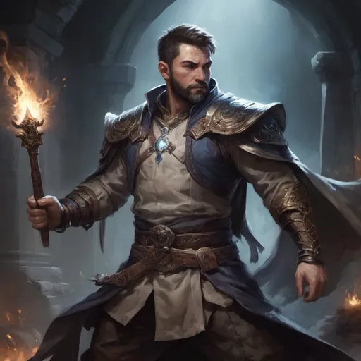 Prompt: (torso) Male stocky large battle-mage with short-cut hair and beard, engaged in combat casting a white-light spell inside of a dark dungeon, in movement, pathfinder, d&d setting, realistic, enhanced shadow quality, colorful