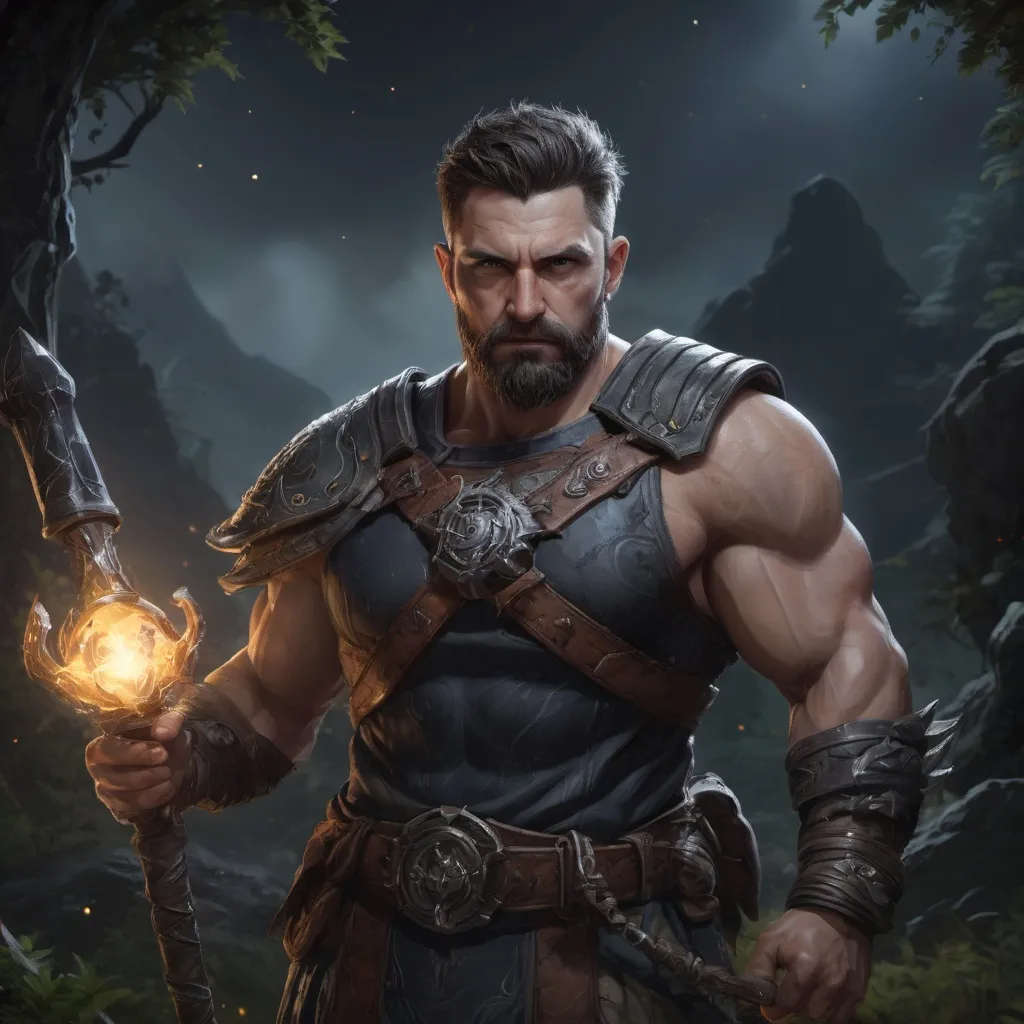 Prompt: male stocky muscular mature summoner with short hair and beard, holding fantasy-weapon, in nature at night, pathfinder, d&d setting, Realistic, Enhanced shadow and light quality
