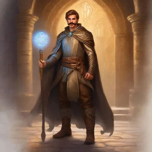 Prompt: (Full body) a male druid with mustache and stubble light-brown short-cut hair, handsome manly face, belt, boots, leather pants, holding magical staff, swirly lights, standing in a dark dungeon, fantasy setting, dungeons & dragons, in a painted style realistic art