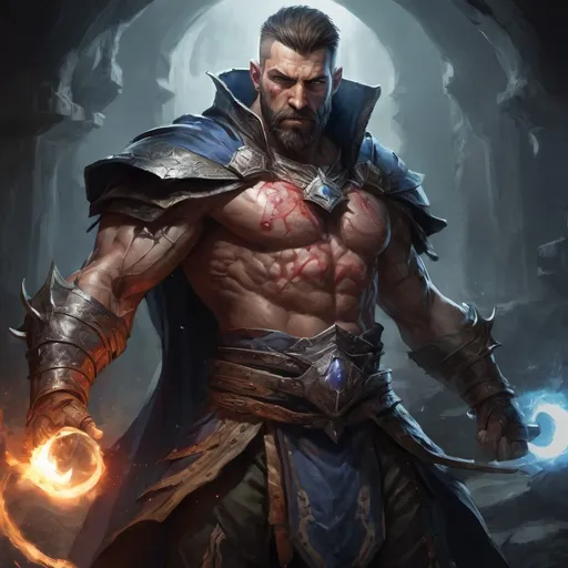 Prompt: Male stocky large muscular battle-mage with short-cut hair and beard, engaged in combat casting a white-light spell inside of a dark dungeon, pathfinder, d&d setting, realistic, enhanced shadow quality, colorful