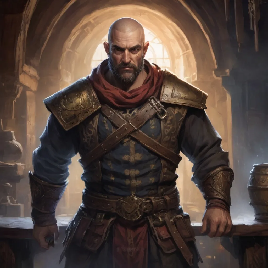Prompt: Male stocky large muscular royal bard with short-cut hair and beard, exploring a dark tavern room, pathfinder, d&d setting, realistic, enhanced shadow quality