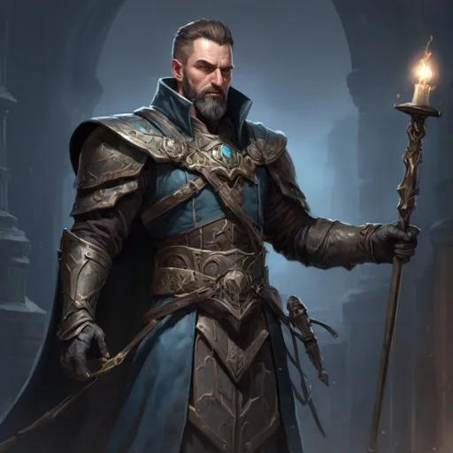 Prompt: (torso) Male stocky fit 39-year old royal magus with short-cut hair and beard, holding a magic staff, in movement, standing in a dark castle, pathfinder, d&d setting, enhanced shadow quality, colorful