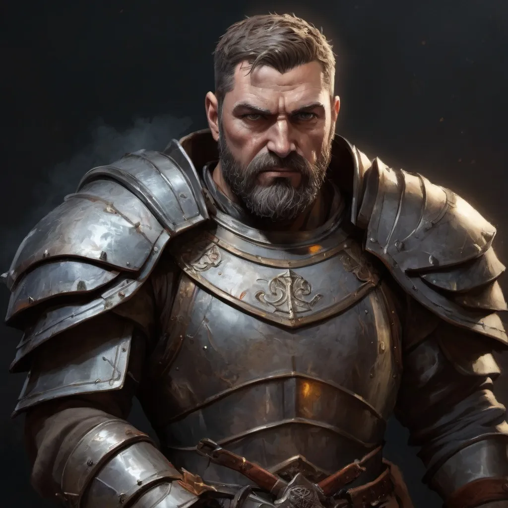 Prompt: (torso) Male stocky large mature knight with short-cut hair and beard, engaged in combat inside of a dark dungeon, pathfinder, d&d setting, realistic high quality enhanced shadow quality