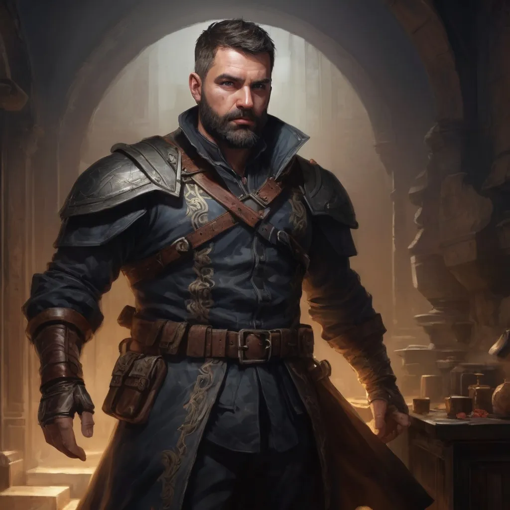 Prompt: Male stocky large royal spy with short-cut hair and beard, exploring a dark trasure room, pathfinder, d&d setting, realistic, enhanced shadow quality