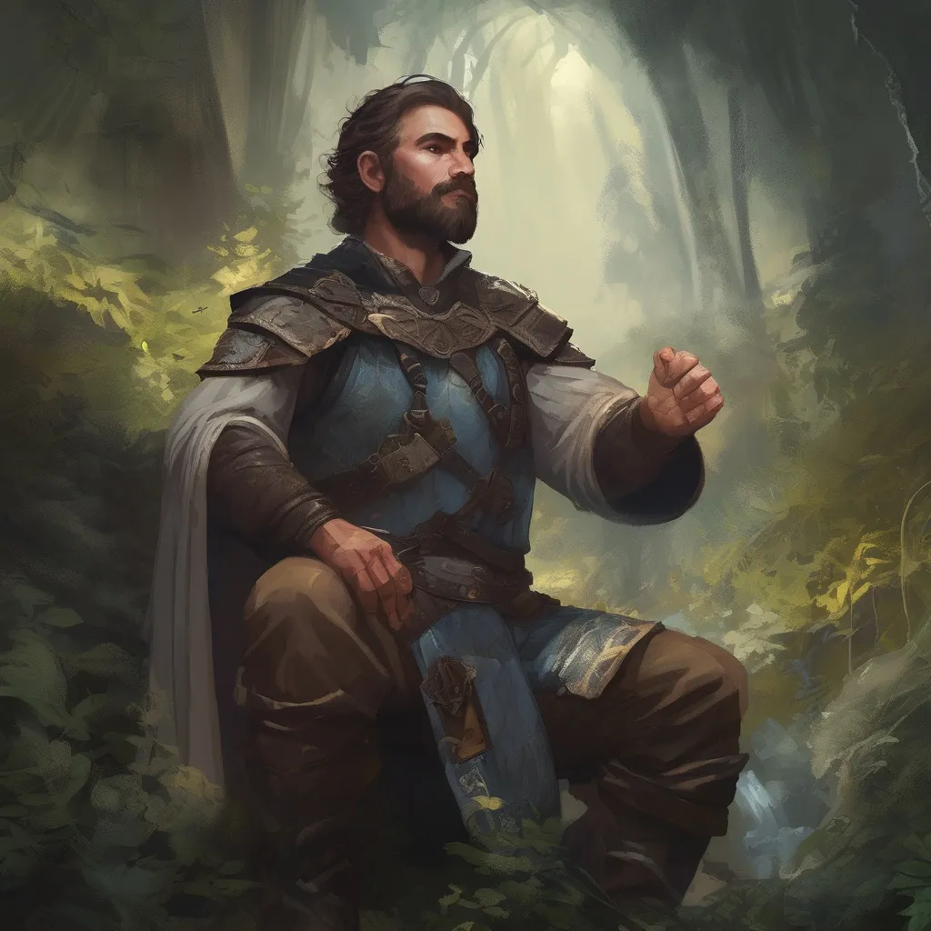 Prompt: (Full body) male handsome large magical champion with short hair and beard, outside of a cave by a forest at night, pathfinder, d&d setting, in a realistic high quality digital art style