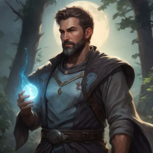 Prompt: (head and torso) Male stocky fit 40-year old handsome druid with short-cut hair and beard, holding magic-spell, in a windy nature at night, pathfinder, d&d setting, enhanced shadow quality