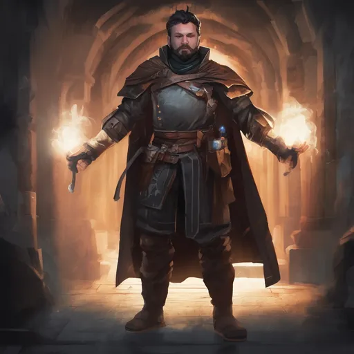 Prompt: (Full body) male stocky young magical artificer with black short-cut hair and beard, in a dark underground, pathfinder, d&d setting, in a realistic digital art style