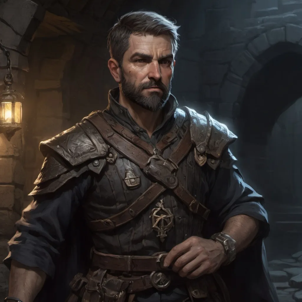 Prompt: Male stocky mature treasure-hunter with short-cut hair and beard, inside of a dungeon at night, pathfinder, d&d setting, enhanced shadow quality