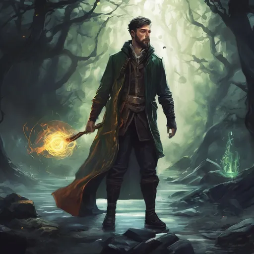 Prompt: (Full body) male stocky young warlock with short hair and beard, casting swirly eldritch spell, in a dark cave by a forest, pathfinder, d&d setting, in a realistic high quality digital art style