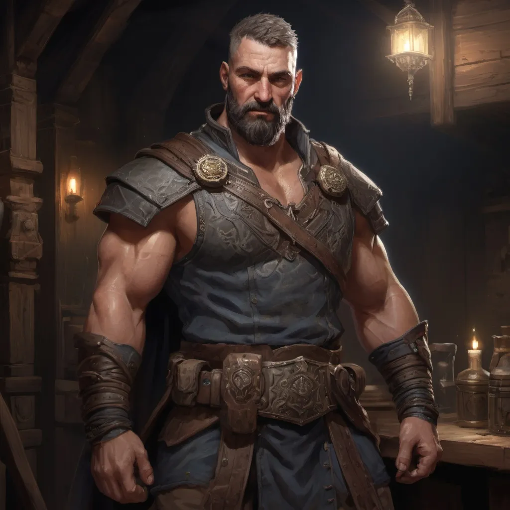 Prompt: Male stocky large muscular royal magus with short-cut hair and beard, exploring a dark tavern room, pathfinder, d&d setting, realistic, enhanced shadow quality