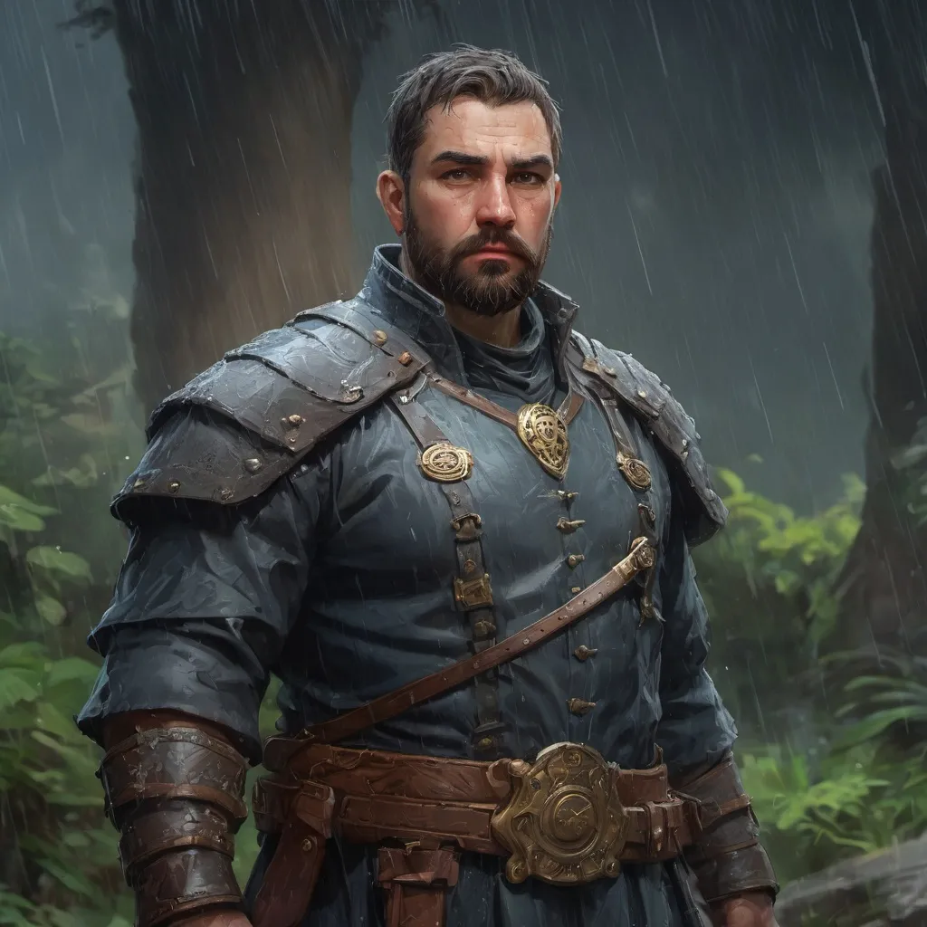 Prompt: Male stocky heavy-set fat noble guard with short-cut hair and beard, open shirt, in nature in a heavy rainstorm, pathfinder, d&d setting, in a realistic high quality digital art style, enhanced shadow quality, colorful