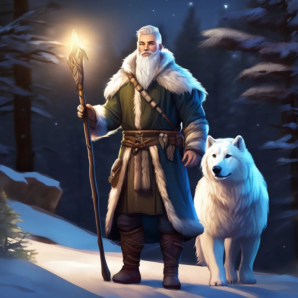 Prompt: (Full body) male magical stocky norwegian artic-druid with short hair and beard, in nature at night, pathfinder, d&d setting, in a realistic digital art style