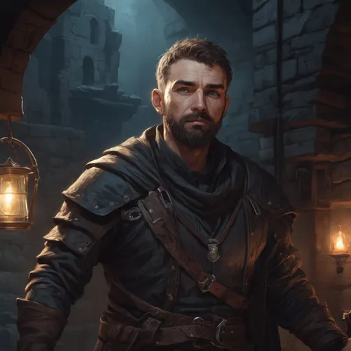 Prompt: Male stocky mature thief with short-cut hair and beard, inside of a dungeon at night, pathfinder, d&d setting, in a realistic high quality digital art style, enhanced shadow quality