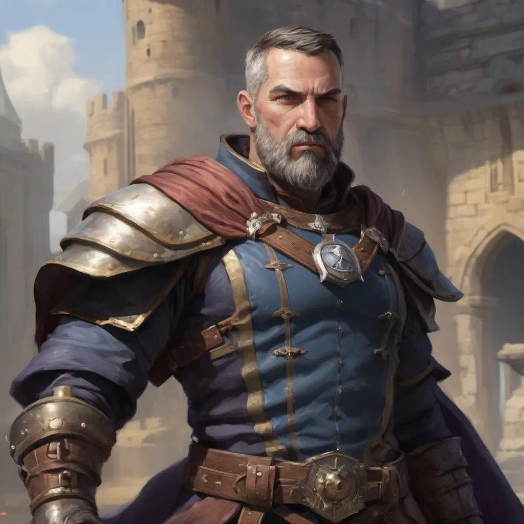 Prompt: Male heavy-set 42-year old muscular noble large sorcerer with short-cut hair and beard, in a windy castleground, pathfinder, d&d setting, enhanced shadow quality