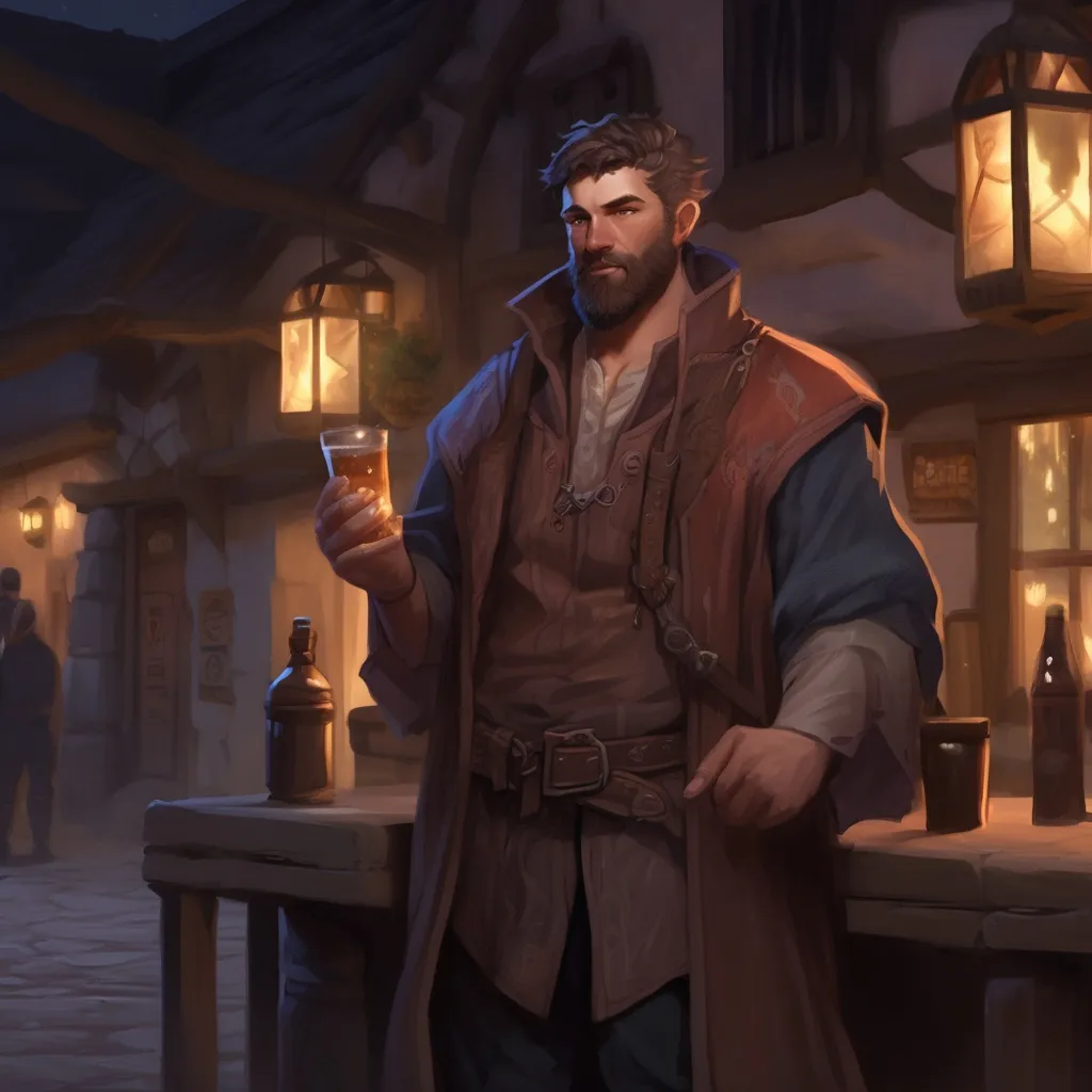 Prompt: (Full body) male thick manly mage with short hair and beard, by a tavern at night, pathfinder, d&d setting, in a realistic digital art style