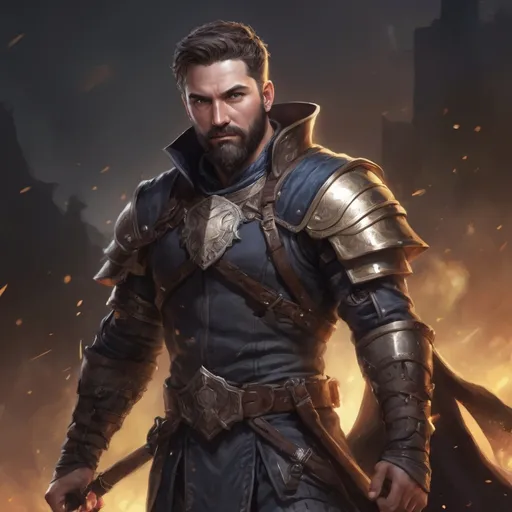 Prompt: (Full body) male stocky masculine manly hunky royal cleric with short hair and beard, in a dark battle field, pathfinder, d&d setting, in a realistic high quality digital art style