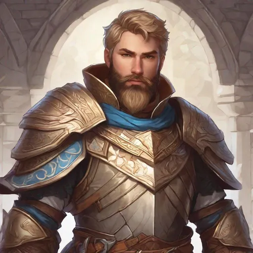 Prompt: (Torso and face) A male cleric with dark-blonde short hair and beard, cloth armor, pathfinder, dungeons & dragons, in a detailed realistic digital art style