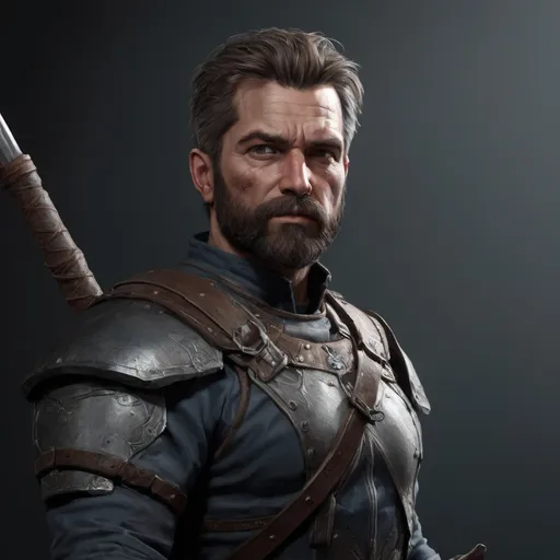 Prompt: (torso) Male stocky large mature fit bandit with short-cut hair and beard, engaged in combat holding fantasy-weapon in a dark room, pathfinder, d&d setting, realistic, enhanced shadow quality