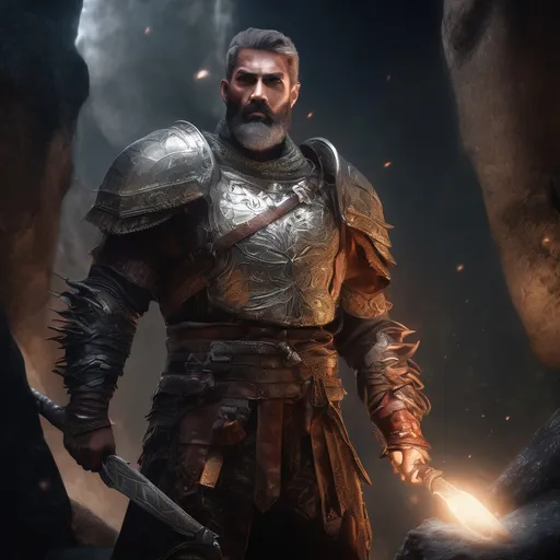 Prompt: (Full body) male handsome large muscular halbardier with short hair and beard, outside of a cave by a forest at night, pathfinder, d&d setting, in a realistic high quality digital art style